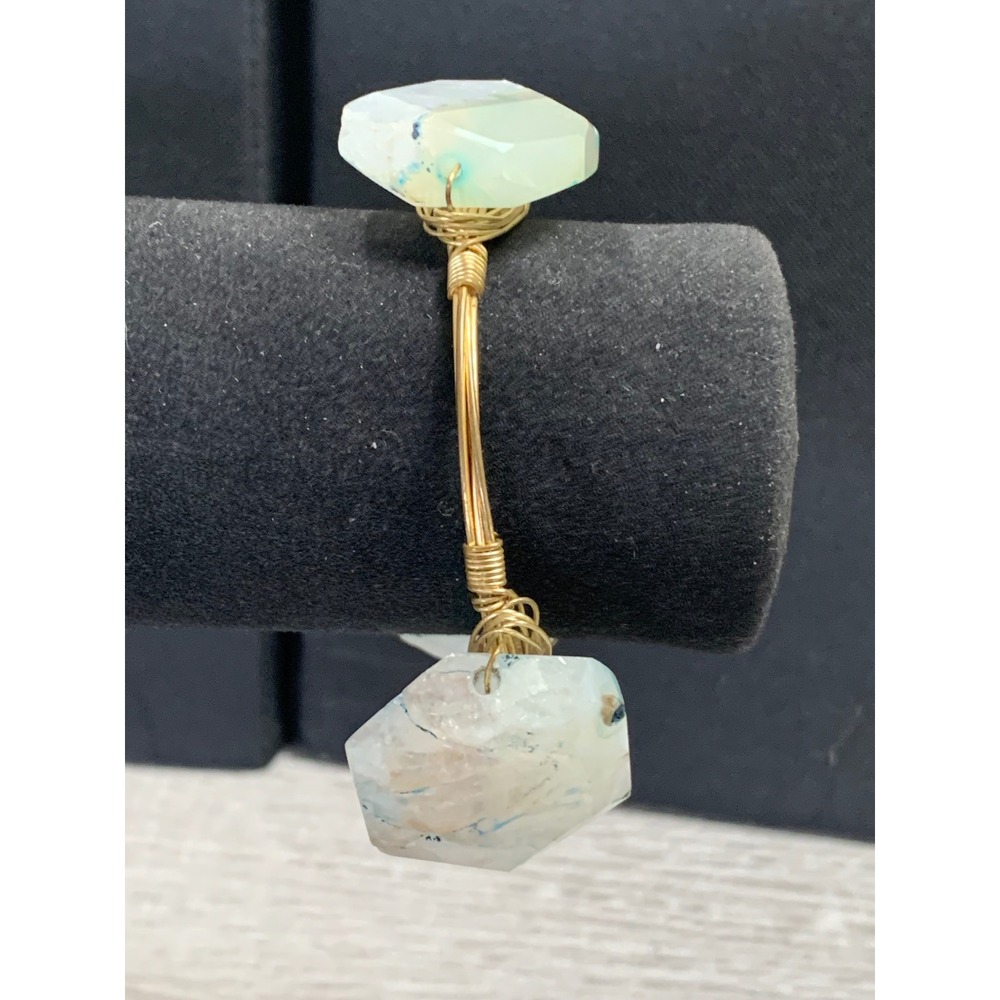 Handmade Gold Wire Wrapped Raw Stone Bangle Bracelet Boho 6in